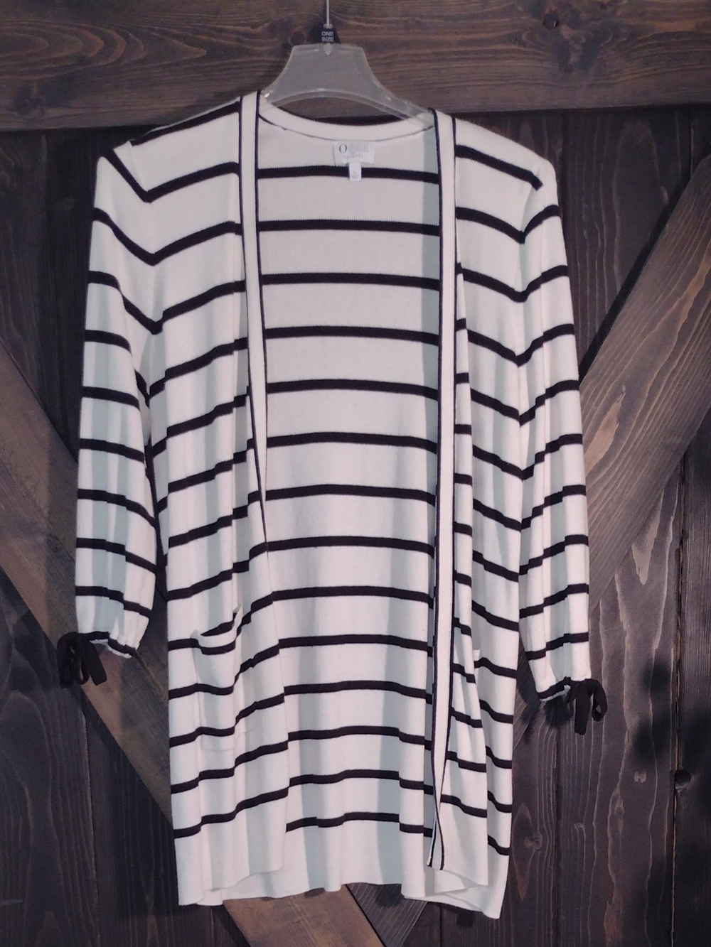 Oprah Magazine Tablots Striped Open-Front Cardigan Jacket in White and Black